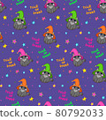 Halloween cat baby vector. Handwritten trick or treat. Halloween seamless pattern with a little cat in witch hat and stars on dark background. Cute October seamless pattern for little babies 80792033