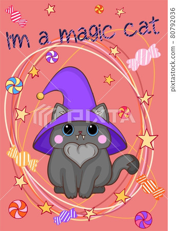 Cartoon illustration with a little cat in a witch hat and sweets on the pink background. Cute illustration grey cat in a purple witch hat. Handwritten I'm a magic cat. Halloween cat baby vector sweets 80792036