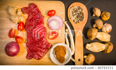 top view Fresh meat on a cutting board. top view Fresh meat on a cutting board. 80793151