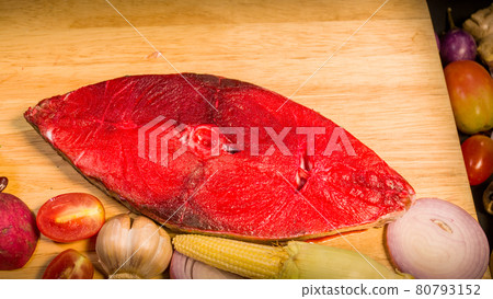 top view Fresh fish fillet on a cutting board. 80793152