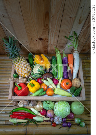 Assorted vegetables, spices and mushrooms are prepared for cooking. Assorted vegetables, spices and mushrooms are prepared for cooking. 80793153