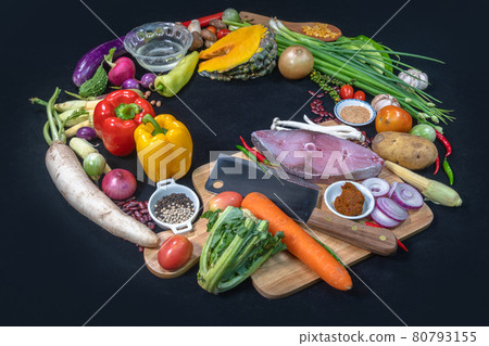 Assorted vegetables, spices and mushrooms are prepared for cooking. Assorted vegetables, spices and mushrooms are prepared for cooking. 80793155