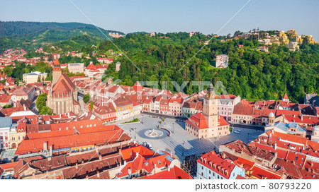 Brasov, Romania, Transylvania - Main Square, aerial view. Brasov, Romania, Transylvania - Main Square, aerial view. 80793220