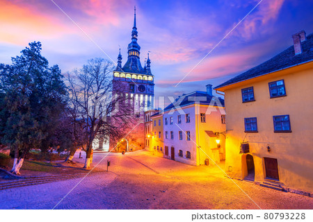 Sighisoara, Romania - Morning light with Clock Tower, travel in Transylvania. Sighisoara, Romania - Morning light with Clock Tower, travel in Transylvania. 80793228