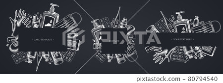 Frames with chalk pills and medicines, medical face mask, sanitizer bottles, medical thermometer 80794540