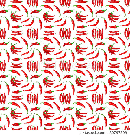 Digital illustration of a seamless pattern of red hot cayenne pepper pods on a white background 80797209