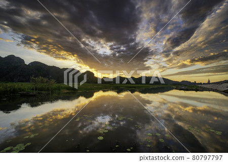 Dawn on Van Long Wetland Nature Reserve in Ninh Binh province, Vietnam Dawn on Van Long Wetland Nature Reserve in Ninh Binh province, Vietnam 80797797