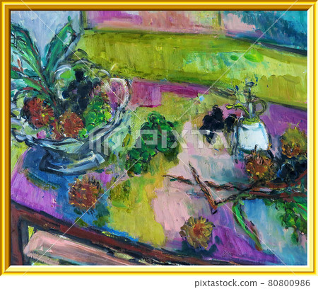 Still life of autumn fruits, grapes and squid, with frame 80800986
