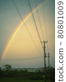 Rainbow and utility pole at dusk 80801009