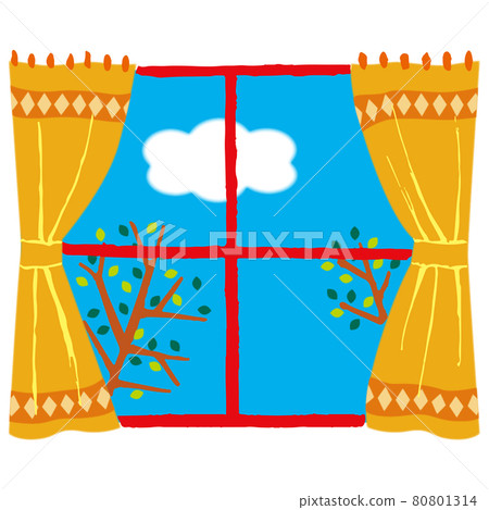 One window with a curtain overlooking one cloud and two trees One window with a curtain overlooking one cloud and two trees 80801314