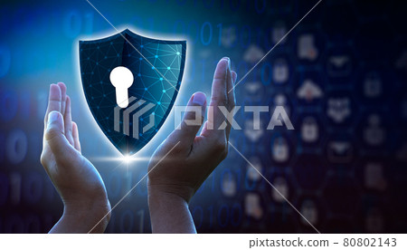 Highly secure IT device protection shield. blue background 80802143