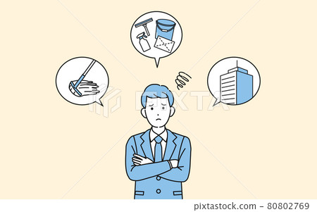 公司打掃，為打掃而煩惱的男商人建築維護插圖素材 80802769