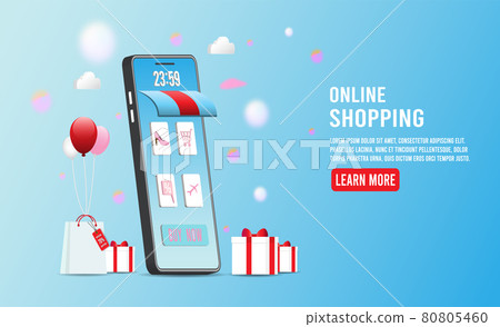 Shopping online concept for website, mobile application, web banner, info graphics or discount coupons. Vector illustration Shopping online concept for website, mobile application, web banner, info graphics or discount coupons. Vector illustration 80805460