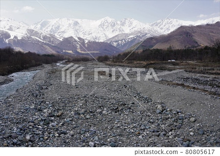 View from Hakuba Village Matsukawa Bridge Hakuba Mountain Range, Snow Cover, Fresh Green and Clear Stream 80805617