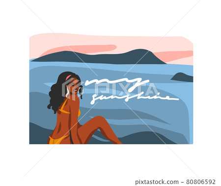 Hand drawn vector abstract stock flat graphic illustration with young happy black afro american beauty female,in swimsuit on sundown beach scene isolated on white background. Hand drawn vector abstract stock flat graphic illustration with young happy black afro american beauty female,in swimsuit on sundown beach scene isolated on white background. 80806592