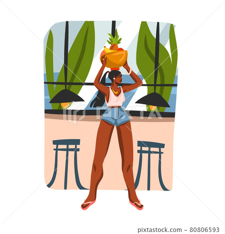 Hand drawn vector abstract stock graphic illustration with young happy black afro american beauty female, carries a basket of fruit on his head in urban cafe isolated on white background. 80806593