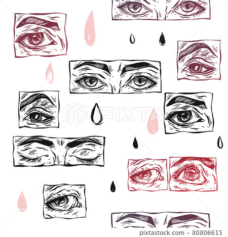 Hand drawn vector abstract flat stock graphic icon illustration sketch ,seamless pattern with manga female eyes,drops and simple textured collage shapes isolated on pink pastel background 80806615