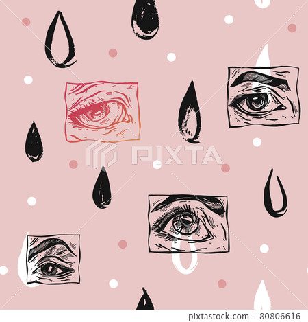 Hand drawn vector abstract flat stock graphic icon illustration sketch seamless pattern with manga female eyes and simple textured collage shapes isolated on pink pastel background Hand drawn vector abstract flat stock graphic icon illustration sketch seamless pattern with manga female eyes and simple textured collage shapes isolated on pink pastel background 80806616