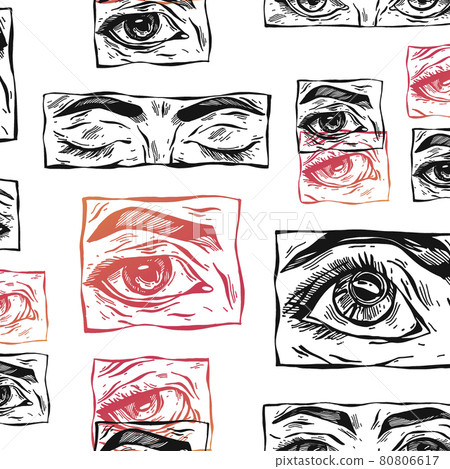 Hand drawn vector abstract flat stock graphic icon illustration sketch seamless pattern with female mystic eyes and simple textured collage shapes isolated on white background 80806617