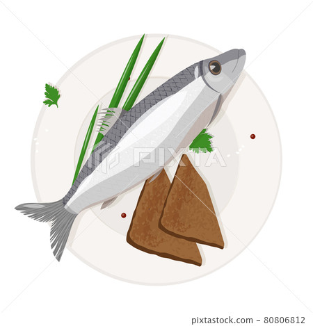 Prepared herring with pieces of bread and onion on the plate. Sea fish dish isolated on white background. Prepared herring with pieces of bread and onion on the plate. Sea fish dish isolated on white background. 80806812