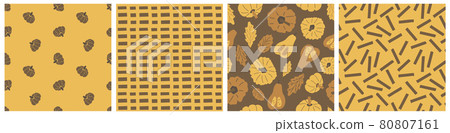 Set of yellow brown autumn seamless patterns. Pumpkins, oak leaves, abstract shapes. Vector fall illustrations for Halloween and Thanksgiving day 80807161