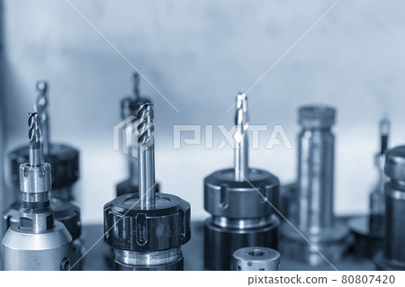 The close-up scene of various bull nose end mill tool. 80807420