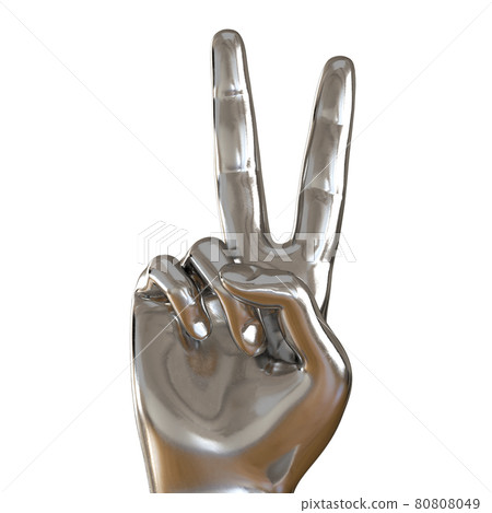 Silver hand with raised up middle and index fingers on a white background. Closeup. Front view. 3d rendering 80808049