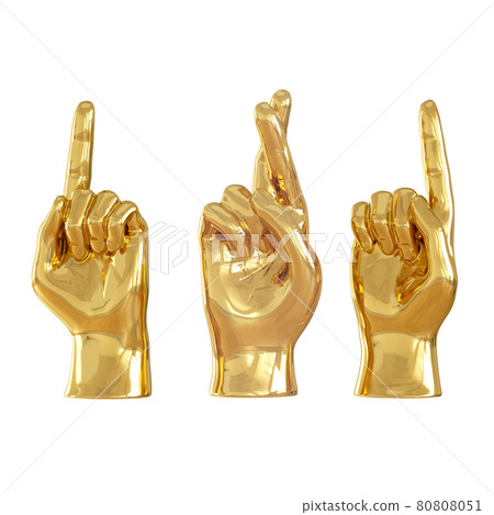 Three golden figures of hands show various gestures on a white background. Front view. 3d rendering 80808051
