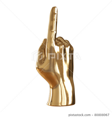 Golden figurine of a hand with a raised up index finger on a white background. 3d rendering 80808067