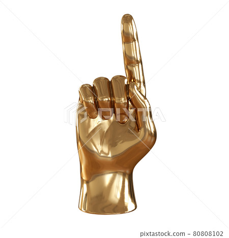 Golden figurine of a hand with a raised up index finger on a white background. Front view. 3d rendering 80808102
