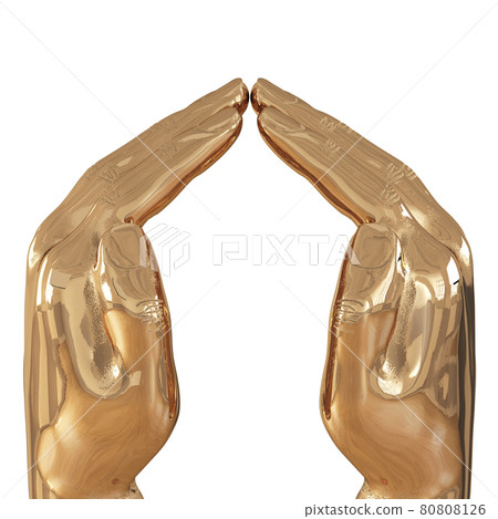 Two decorative golden hands with slightly bent fingers on a white background. Side view. 3d rendering Two decorative golden hands with slightly bent fingers on a white background. Side view. 3d rendering 80808126