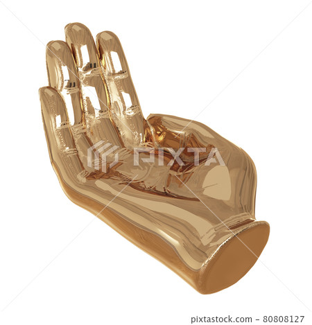 Decorative golden hand with slightly bent fingers palm up on a white background. 3d rendering Decorative golden hand with slightly bent fingers palm up on a white background. 3d rendering 80808127