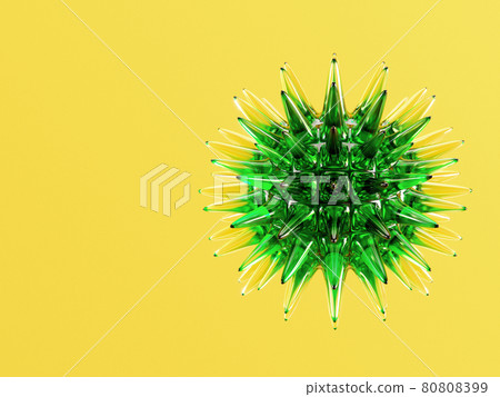 A green glass ball with spikes, similar to coronavirus on a yellow background. 3D rendering 80808399