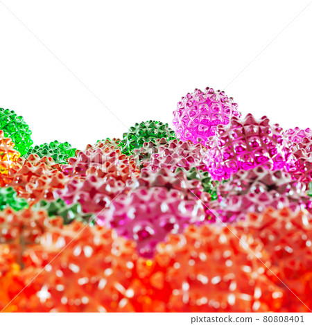 A purple glass ball with spikes rests on other colored balls similar to the covid virus. 3d rendering 80808401