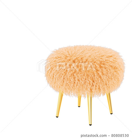 Yellow fluffy stool made of sheepskin wool on hooves on an isolated background. 3D rendering 80808530