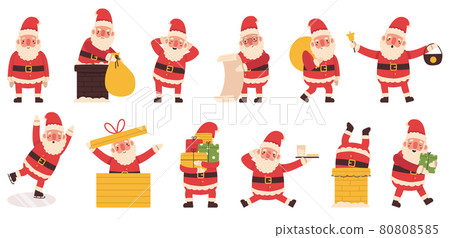 Santa Claus Christmas winter holiday cute character. Santa mascots carrying gifts, skates, climbs chimney vector illustration set. Xmas funny Santa Claus characters 80808585