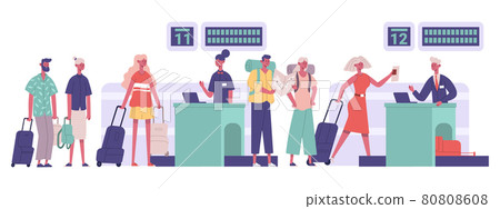 Tourists group, passengers travellers luggage checking in airport. People walking airport security detection vector illustration. Travel airport concept Tourists group, passengers travellers luggage checking in airport. People walking airport security detection vector illustration. Travel airport concept 80808608