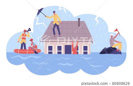 Natural cataclysm disasters flood safeguard rescue boat service. Rescued saved people from flooded house vector illustration. Flood natural disaster rescuers 80808626
