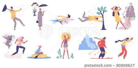Natural cataclysm disasters, flood, snowfall, stormy wind. People hit in extreme cataclysm disasters, flood, hurricane, snowfall and rain storm vector illustration set 80808627