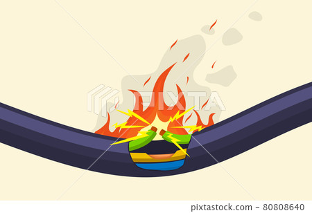 Broken short circuit burning electrical cable wire. Damaged electrical cable in red flame vector illustration set. Burning electrical cable wires Broken short circuit burning electrical cable wire. Damaged electrical cable in red flame vector illustration set. Burning electrical cable wires 80808640