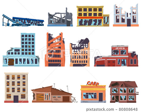 Ruined broken abandoned damaged old architecture buildings. Destruction, burnt out, destroyed facade walls, broken windows houses vector illustration set 80808648