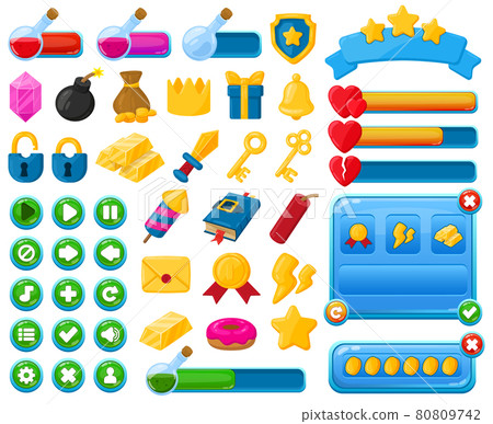 Cartoon mobile game user interface kit elements. Casual game interface menu buttons, trophies and bars vector illustration set. Mobile game user interface icons 80809742