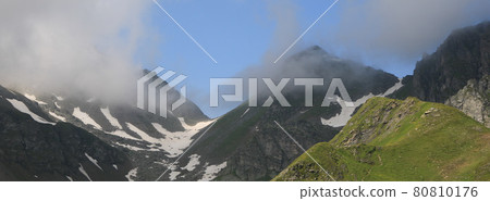 Summer scene in St Gallen Canton. Wildseeluggen, mountain pass in the Pizol area. Mountain peaks. Summer scene in St Gallen Canton. Wildseeluggen, mountain pass in the Pizol area. Mountain peaks. 80810176