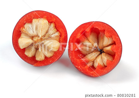 Rosehip (dog rose fruit) cut in half, seeds visible, isolated on white background. 80810281
