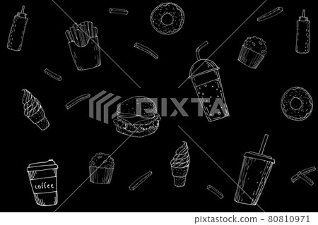 Junk food tasty doodle chalkboard pattern. Black white hamburger soda ice cream fat and sweet Junk food tasty doodle chalkboard pattern. Black white hamburger soda ice cream fat and sweet 80810971