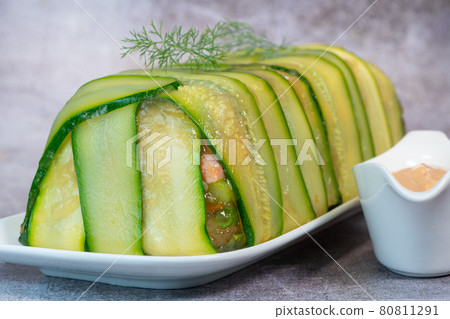 Recipe of marbled vegetables, salmon and langoustines, terrine salmon vegetables and langoustines 80811291