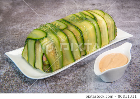 Recipe of marbled vegetables, salmon and langoustines, terrine salmon vegetables and langoustines 80811311