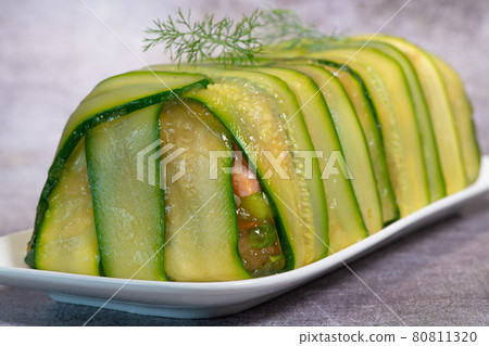 Recipe of marbled vegetables, salmon and langoustines, terrine salmon vegetables and langoustines Recipe of marbled vegetables, salmon and langoustines, terrine salmon vegetables and langoustines 80811320