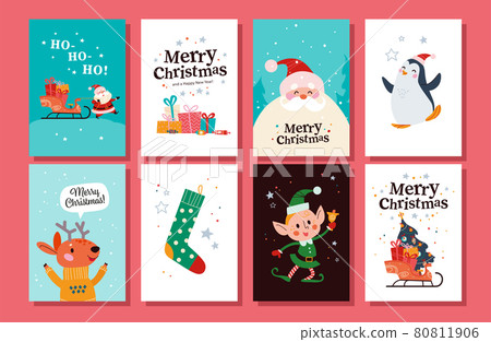 Collection of Merry Christmas congratulation cards with Santa Claus, reindeer, penguin, elf character, xmas stocking, sleigh full of gifts, fir tree. 80811906