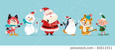 Christmas banner with cute happy winter characters. Santa Claus, elf, snowman, penguin, fox, tiger isolated. 80811911
